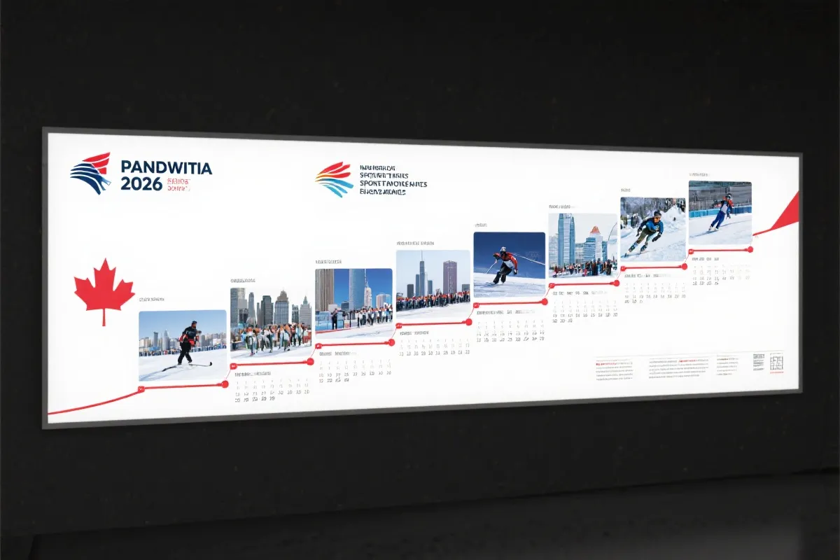 2026 大型体育赛事全球赛历时间轴风格海报，包含北美城市与冬季场景的拼贴视觉